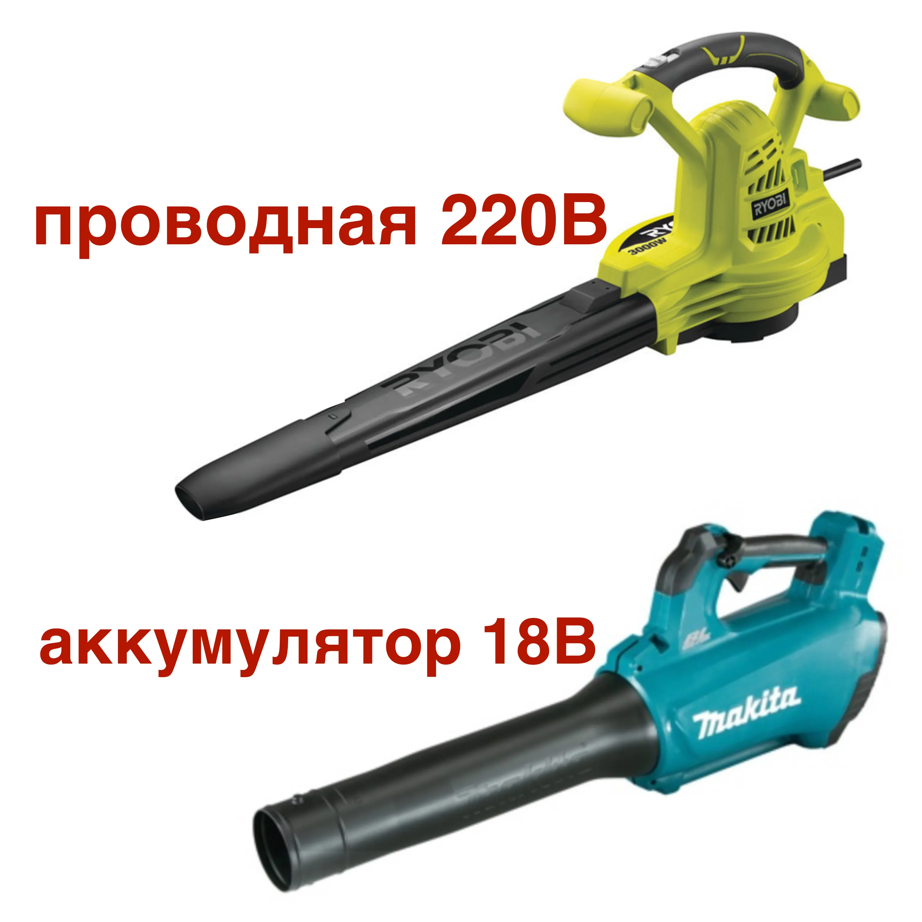 электрическая воздуходувка Ryobi RBV3000CSV (220В) и аккумуляторная Makita DUB184Z (18В). 1